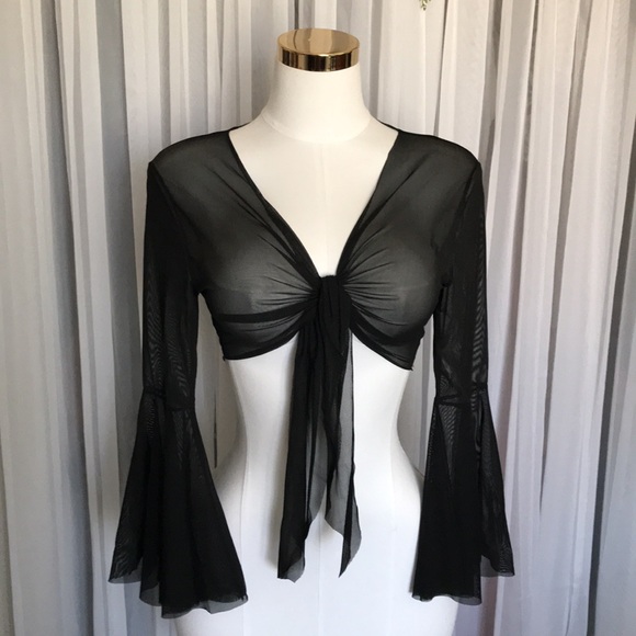 Black Sheer Extra Flare Sleeve Tie-Front Top - Picture 1 of 5